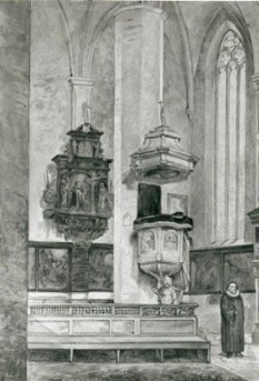 Kanzel mit Petrusträgerfigur in einer Darstellung der Kirche um 1863